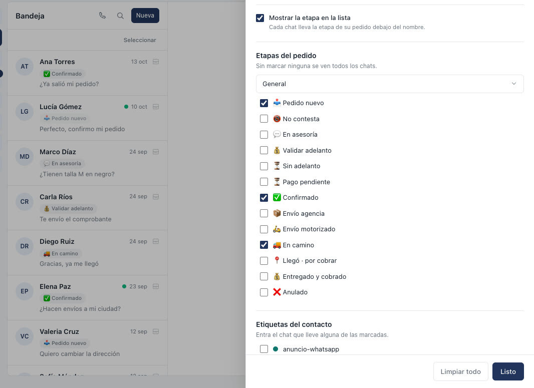 Bandeja de WhatsApp con filtros por etapa del pedido